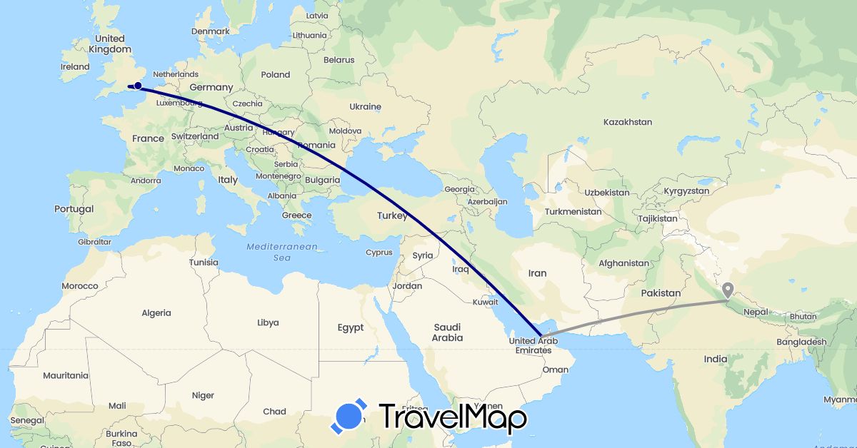 TravelMap itinerary: driving, plane in United Arab Emirates, United Kingdom, Malaysia (Asia, Europe)